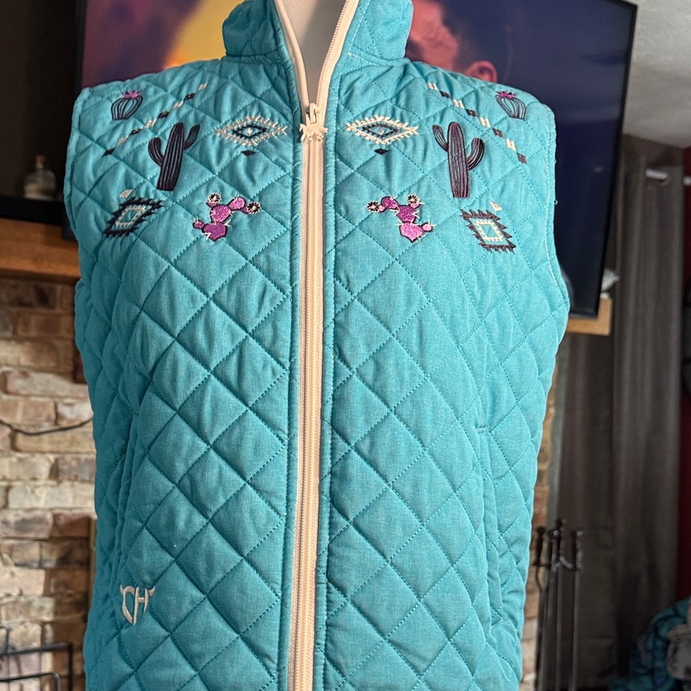 Children's Quilted Vest with Cactus Design - Turquoise